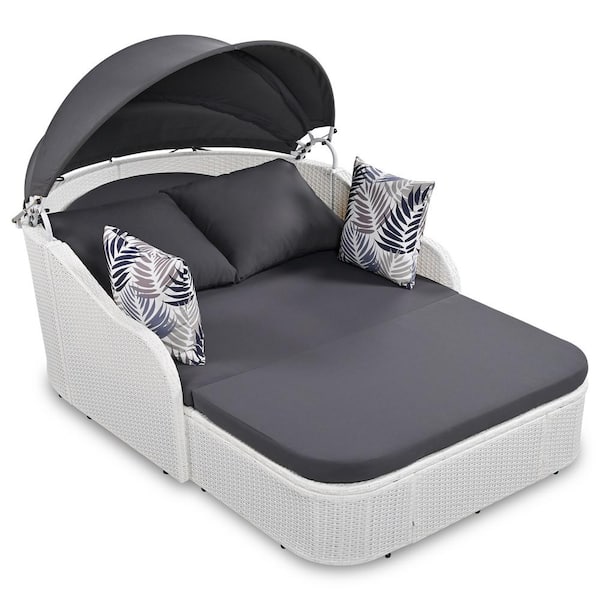maocao hoom White Wicker Outdoor Day Bed with Gray Cushions