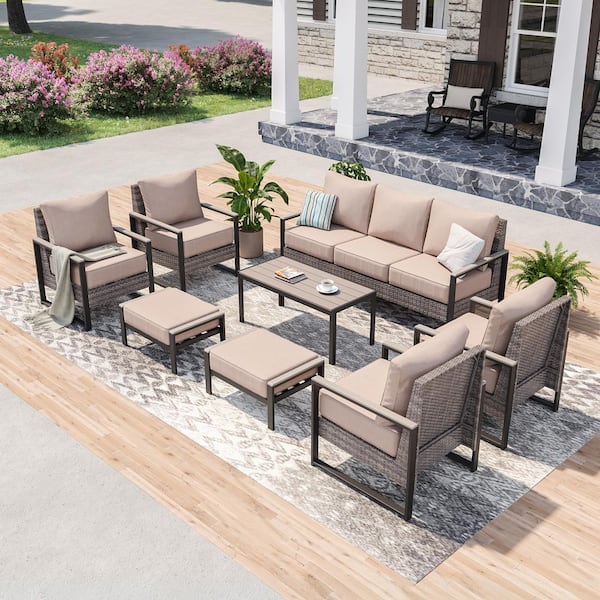Sonkuki 8 Pieces Patio Conversation Set Sofa Set with Coffee Table Gray PE Wicker with Sand Cushion
