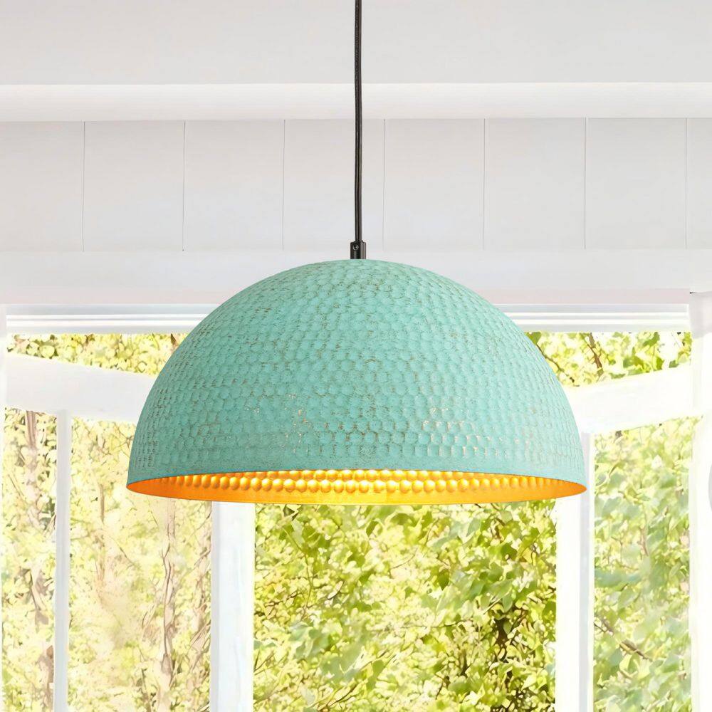 Dovin 15.7 in. 1-Light Antique Green Industrial Dome Pendant Light with Hammered Metal Shade price history on PriceWatchPro