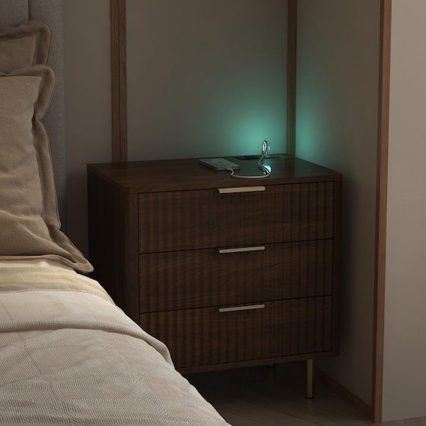 Vivianne Wood Brown 23.62 in. H 3 Drawer Nightstands with Charging Station, Night Light, Storage Cabinet