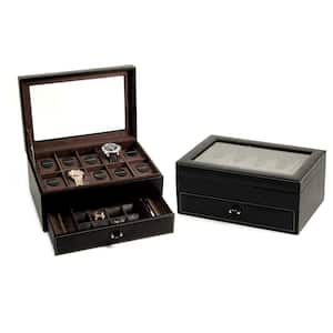 Black Pebbled Leather 10-Watch Case with Glass See-Thru Top and Drawer for Cufflinks and Pens