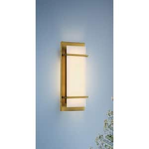 Tarnos 1-Light 16 in. Soft Brass Dimmable LED Wall Sconce with White Faux Alabaster Shade