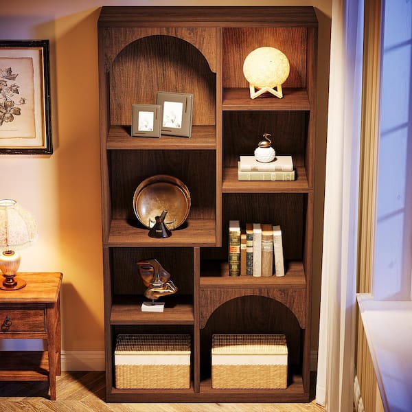TRIBESIGNS WAY TO ORIGIN Frailey 66.93 in. Tall Brown Walnut Wood Free-Standing Large 7-Tier Open Display Shelves Bookshelf Storage Rack Bookcase