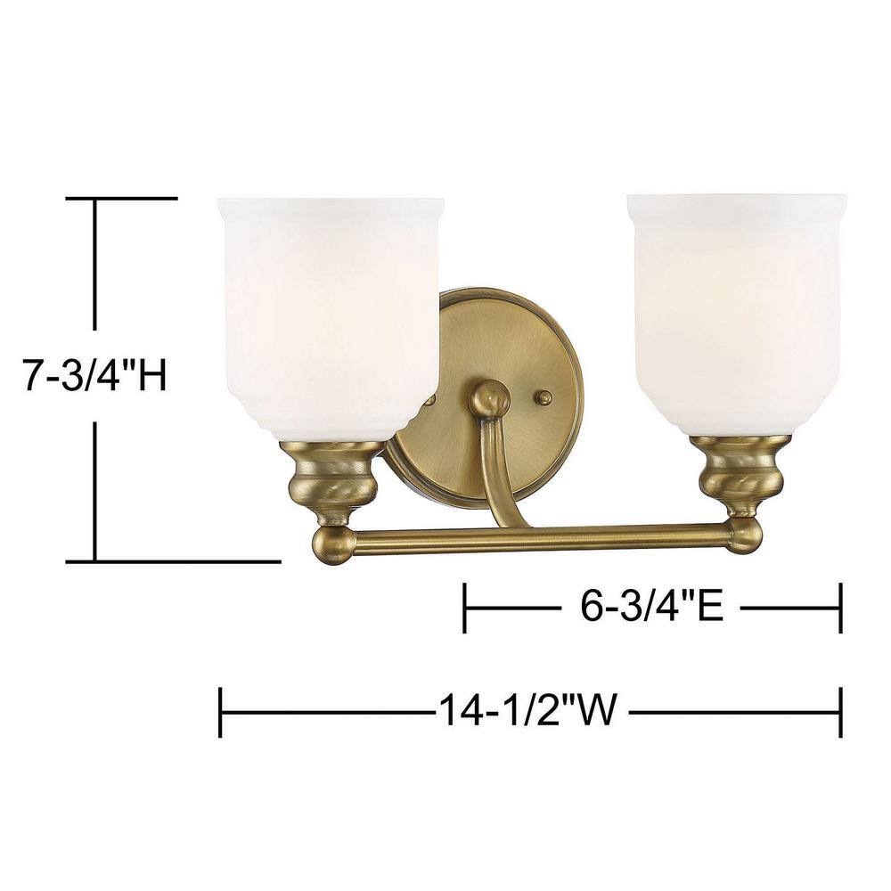 Melrose Warm Brass 2-Light Vanity Fixture with Opal Glass Shades