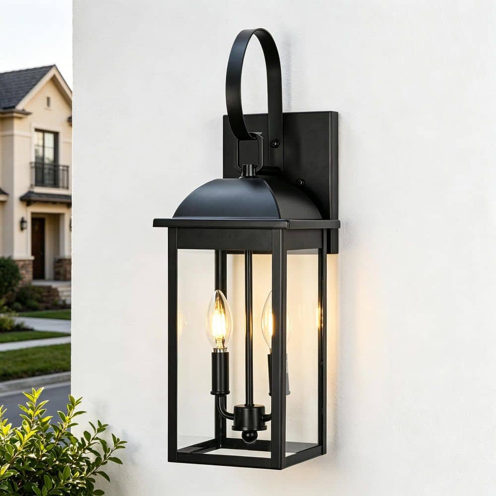17 in. 2-Light Matte Black Hardwired Outdoor Wall Light Lantern Porch Sconce with Clear Glass Shade, No Bulbs Included price history on PriceWatchPro