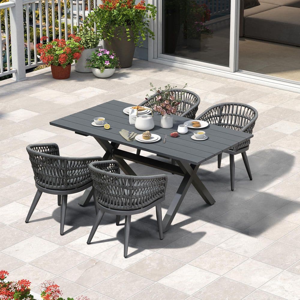 5-Piece Aluminum All-Weather PE Rattan Rectangular Outdoor Dining Set with Cushion, Gray price history on PriceWatchPro