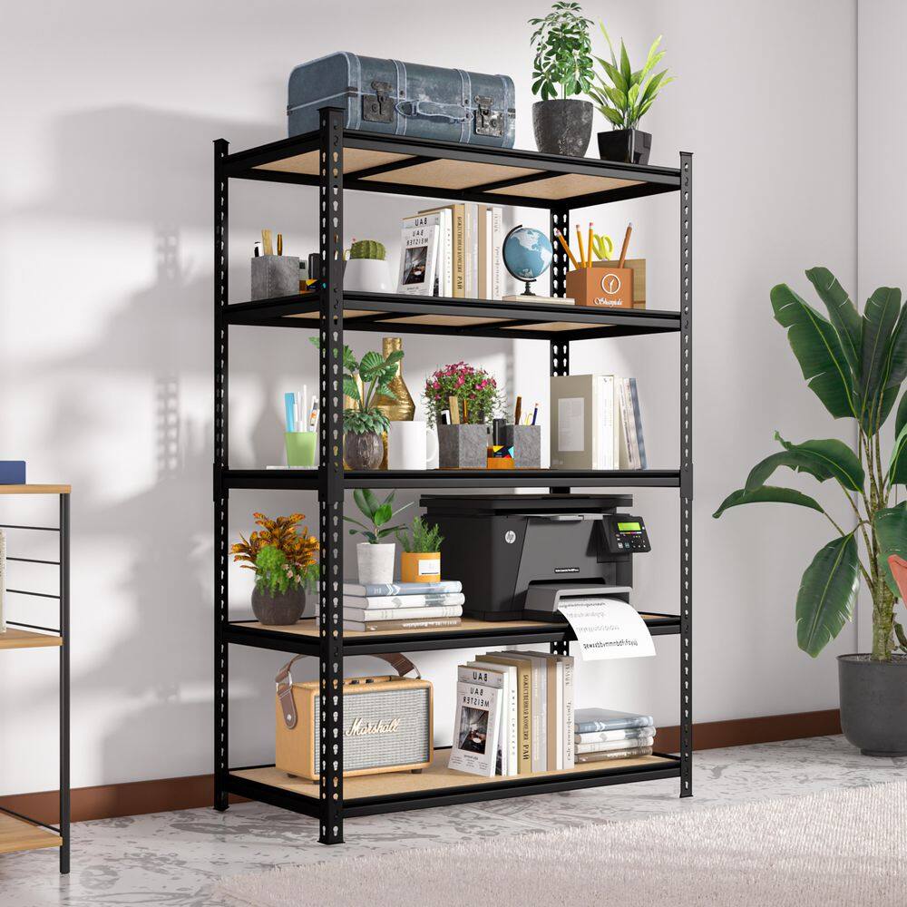 72 in. Tall Brown Metal 5-Shelf Garage Storage Shelving Unit Standard Bookcase with 4 Wheels