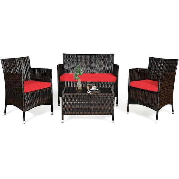 4-Piece Rattan Wicker Patio Conversation Set Patio Furniture Set Sofa Chair Table Set with Red Cushions