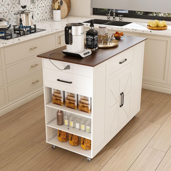 GOGEXX White MDF Wood Top 46 in. Kitchen Island Cart on Wheels