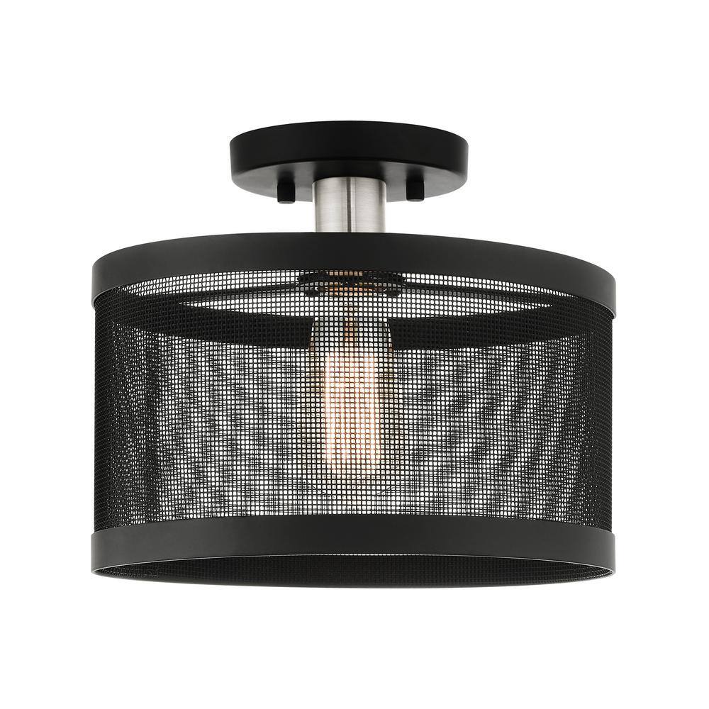 Modern Indoor/Outdoor LED Drum Semi-Flush Mount in Black & Brushed Nickel