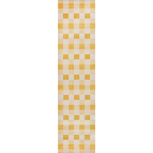 Darcy Yellow/Cream 2 ft. x 8 ft. Traditional Geometric Bold Gingham Indoor/Outdoor Runner Rug