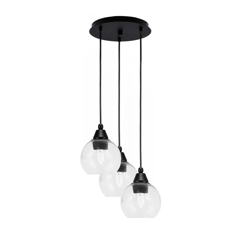 Savannah 8.75 in. 3-Light Matte Black Cord Pendant Light Clear Bubble Glass