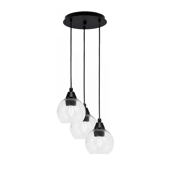 Savannah 8.75 in. 3-Light Matte Black Cord Pendant Light Clear Bubble Glass Shade