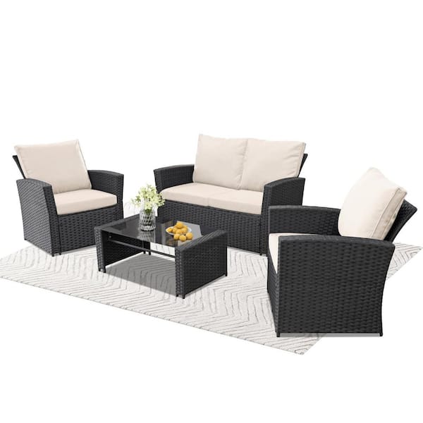 Black 4-Piece Wicker Patio Conversation Set with Beige Cushion Ideal for Garden, Porch, Backyard