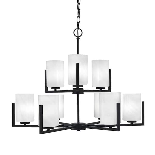 Unbranded Cottonwood 9-Light Matte Black Chandelier, Round Chandelier with 4 in. White Marble Glass Shades, No bulbs included