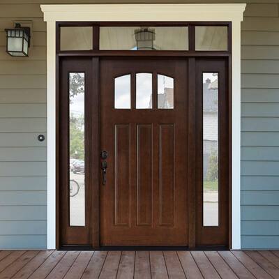 Craftsman 3 Lite Arch Stained Mahogany Wood Prehung Front Door with Sidelites and Transom