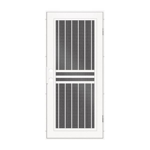 Unique Home Designs 30 in. x 80 in. Plain Bar White Left-Hand Surface Mount Aluminum Security Door with Black Perforated Metal Screen