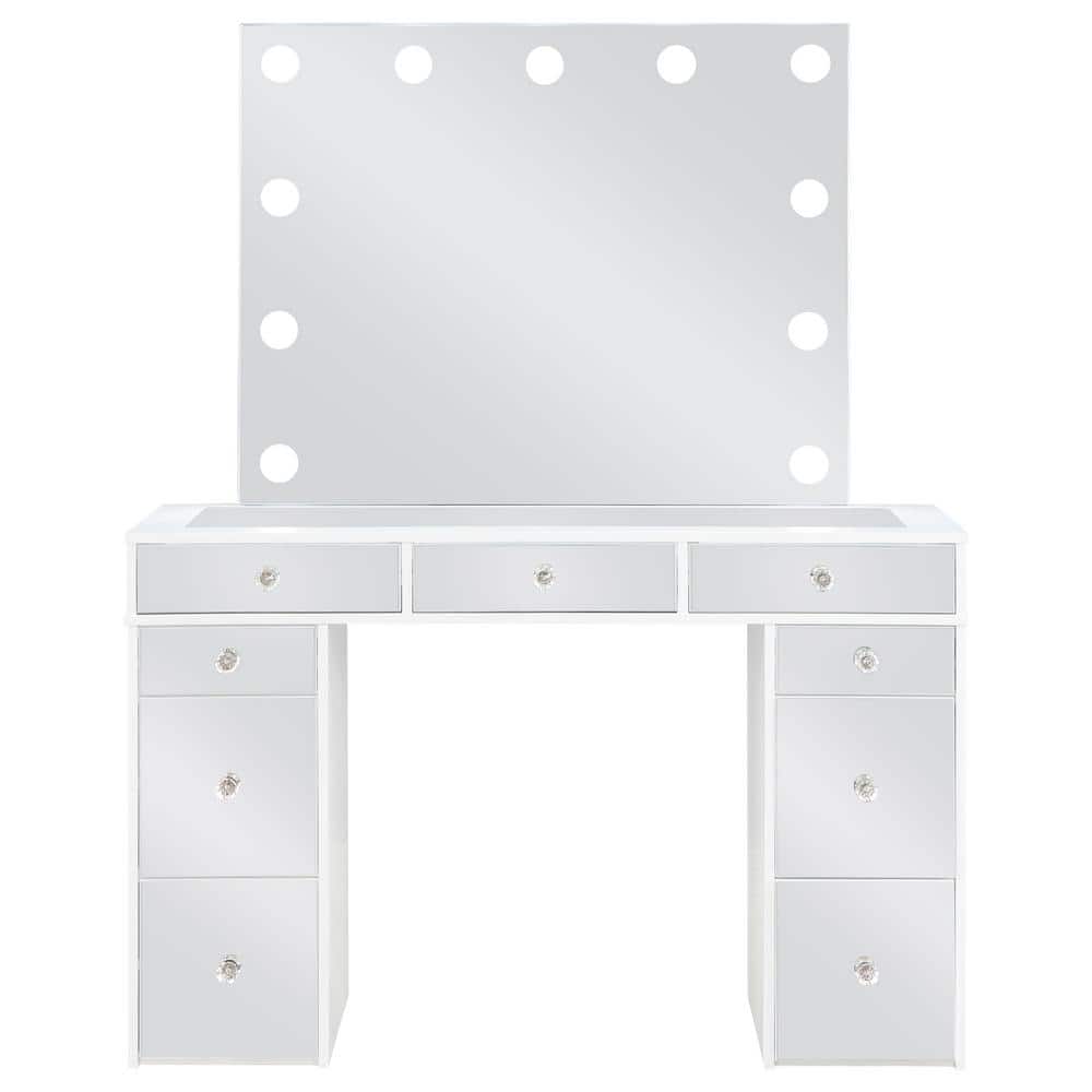 White and Gray Vanity Set with Lighted Mirror and Bench