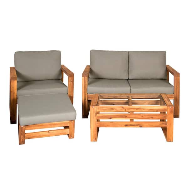 Walker Edison Furniture Company Brown, 4-Piece, Wood Conversational Patio Set with Gray Cushions