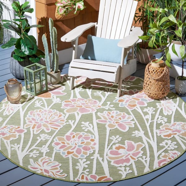 Cabana Green/Pink 6 ft. x 6 ft. High-Low Floral Abstract Indoor/Outdoor Round Area Rug