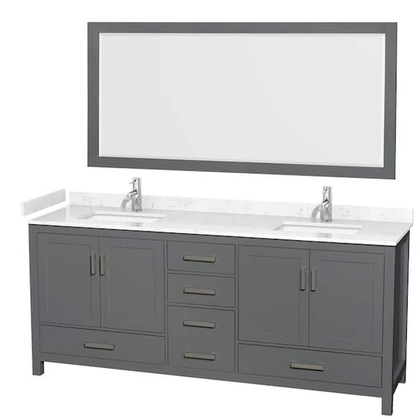 Wyndham Collection Sheffield 80 in. W x 22 in. D x 35 in. H Double Bath Vanity in Dark Gray with Carrara Cultured Marble Top and 70" Mirror