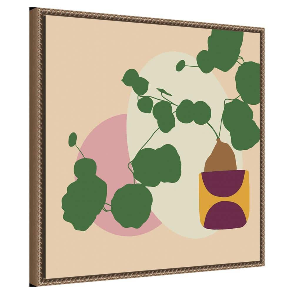 Abstract Green Potted Plant Canvas Wall Art with Beaded Frame