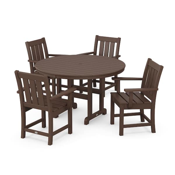 POLYWOOD Oxford 5-Piece Farmhouse Plastic Round Outdoor Dining Set in Mahogany