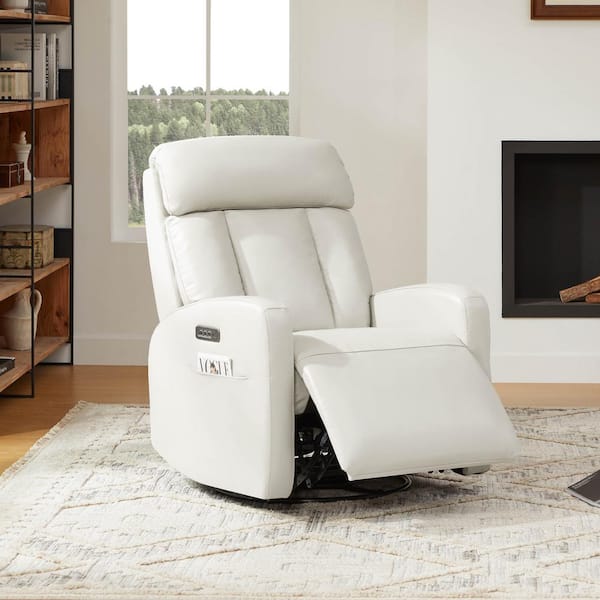 Spruce & Spring Hugo Grey Genuine Leather Glider Swivel Power Recliner with Adjustable Headrest and Lumbar,Charging Ports,Storage Pocket