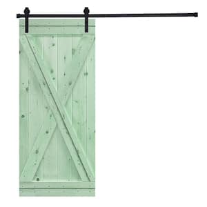 Modern X Style Series 42 in. x 84 in. Iced Mint Green stained Knotty Pine Wood DIY Sliding Barn Door with Hardware Kit