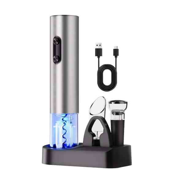 Silver 6-in-1 Electric Wine Opener, Stainless Steel USB-C Rechargeable Automatic Wine Bottle Opener, Foil Cutter