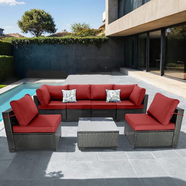 Unbranded 7-Piece Deep Coffee Wicker Outdoor Sectional, Rattan Outdoor Patio Set with Red Cushions, Pillows and Coffee Table