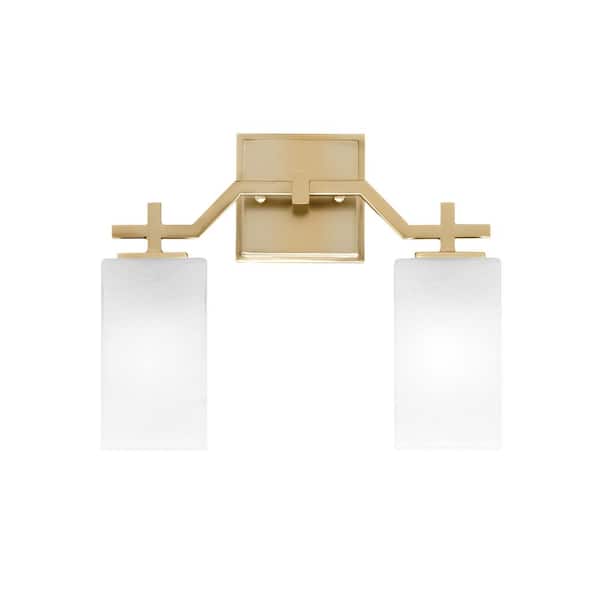 Unbranded Bridgewater 13.5 in. 2 Light Vanity Light New Age Brass with 3.5 in. Square White Marble Glass Shades, No Bulbs Included