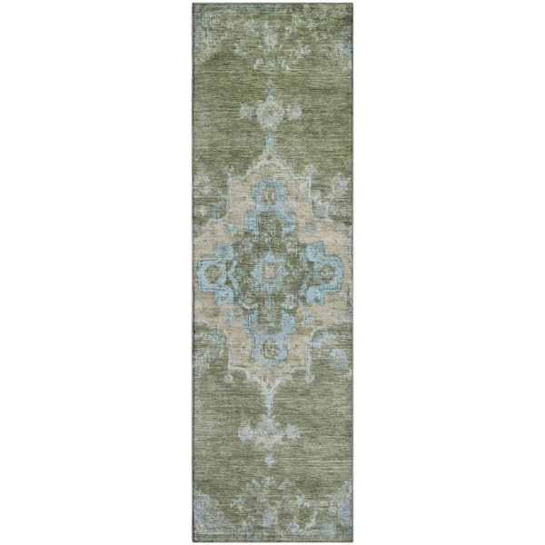 Mayfield Premium Machine Washable Abstract AMF2321 Basil 2 ft. x 7 ft. Runner Rug