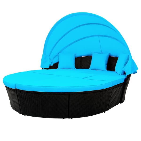 waelph Black Wicker Outdoor Rattan Day Bed Sunbed with Retractable Canopy Wicker Furniture and Blue Cushions