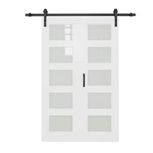 48 in. x 80 in. 5 Lite Tempered Frosted Glass White Primed Bifold Sliding Barn Door with Hardware Kit