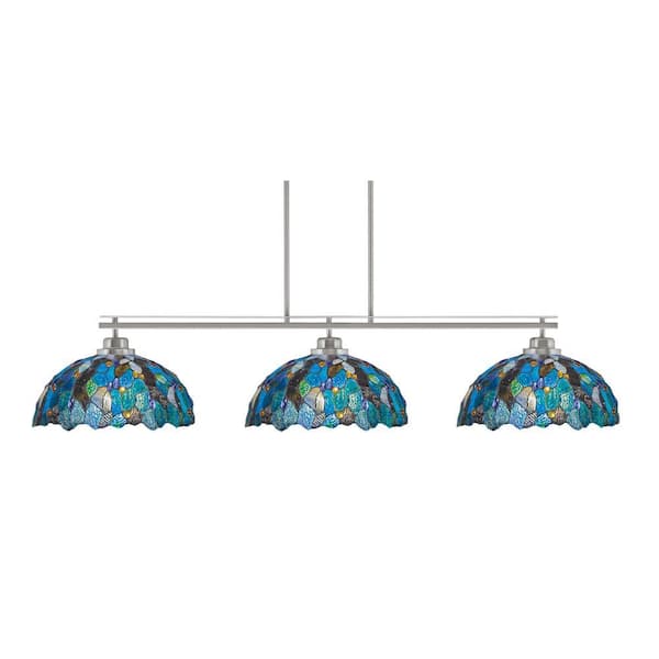 Monroe 3-Light Billiard Light, Round Fitter, Brushed Nickel Finish, 16 in. Blue Mosaic Art Glass