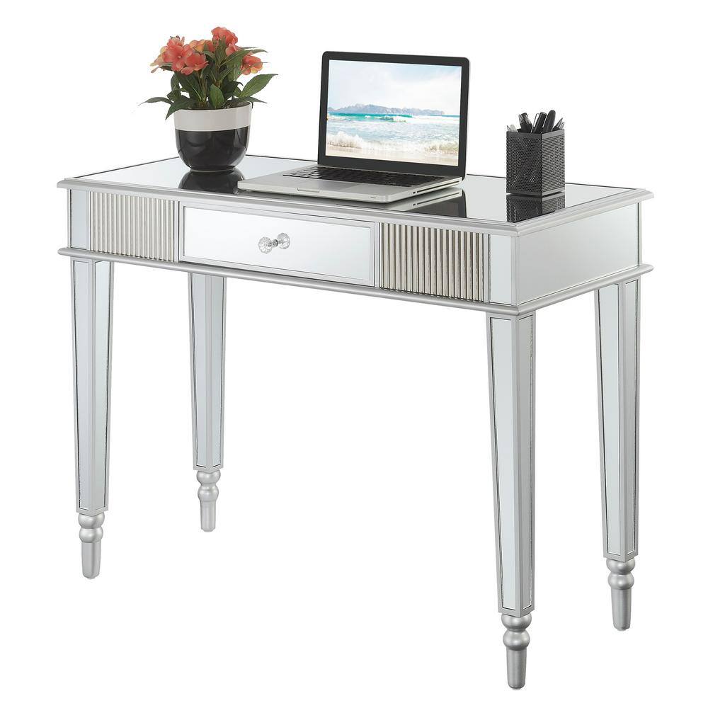 Elegant French Country Mirrored Desk with Silver Accents and Storage