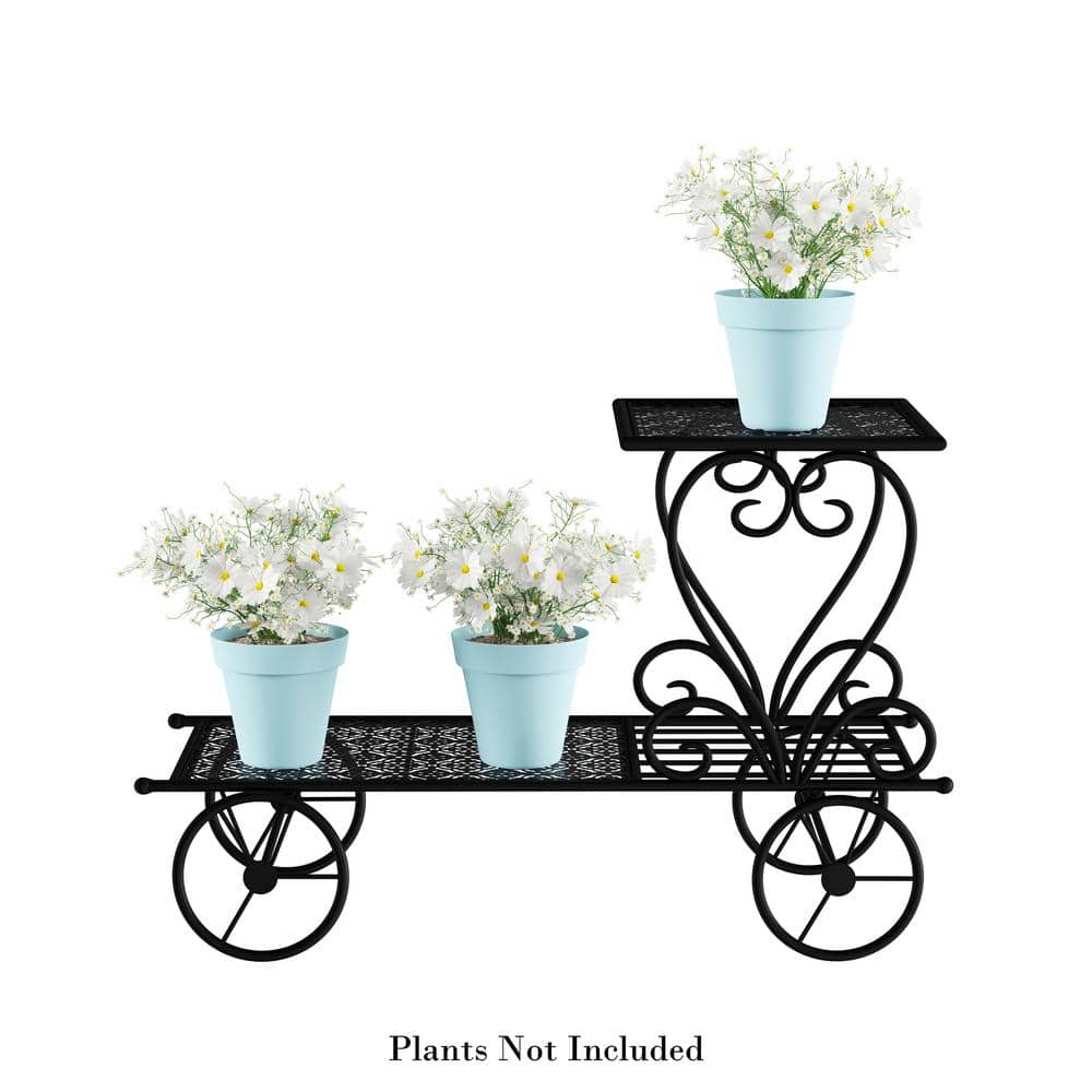 Vintage Charm 2-Tier Wrought Iron Plant Stand with Decorative Wheels, Matte Black