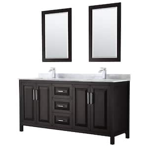 Daria 72 in. Double Bathroom Vanity in Dark Espresso with Marble Vanity Top in Carrara White and 24 in. Mirrors