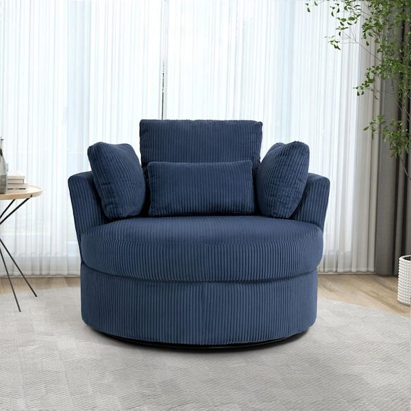 Navy Blue Corduroy Fabric Upholstered 360° Swivel Accent Barrel Chair with Pillows (Set of 1)