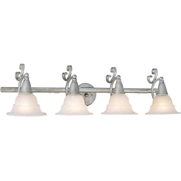 Volume Lighting Toledo Collection 4-Light Platinum Rust Vanity Light with Alabaster Glass Bell Shades