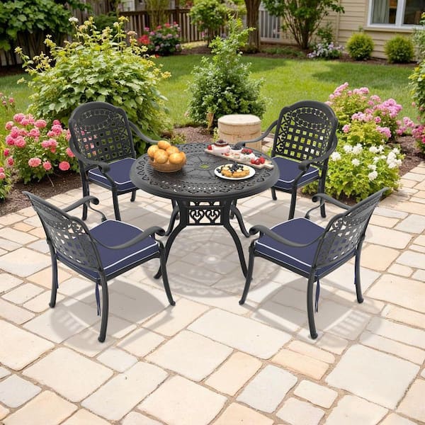 Vintage Black 5-Piece Cast Aluminum Outdoor Dining Set, 39.37 in. Round Table and 4 Patio Chairs with Blue Cushions