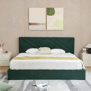 Green Plywood Frame King Size Linen Upholstered Platform Bed with Lifting Storage