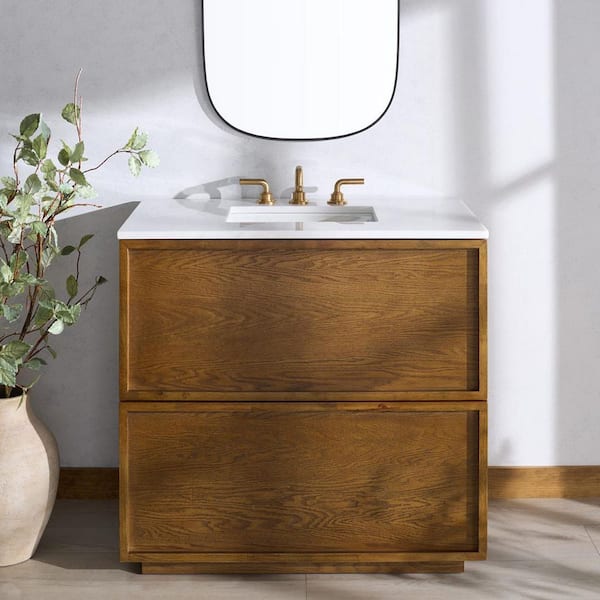 Zeus 36 in. Single Sink Medium Oak Bath Vanity with White Marble Top