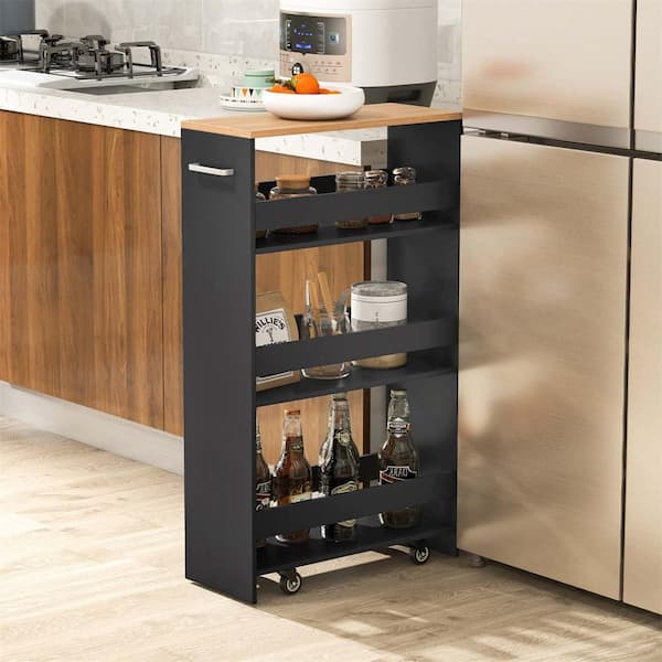 Black Engineered Wood 8 in. Slim 4-Tier Rolling Storage Kitchen Cart with Open Shelves