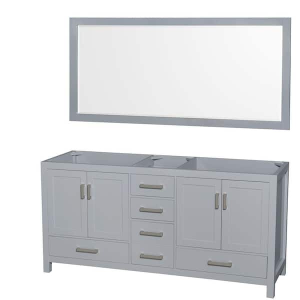 Wyndham Collection Sheffield 70.75 in. W x 21.5 in. D x 34.25 in. H Double Bath Vanity Cabinet without Top in Gray with 70" Mirror