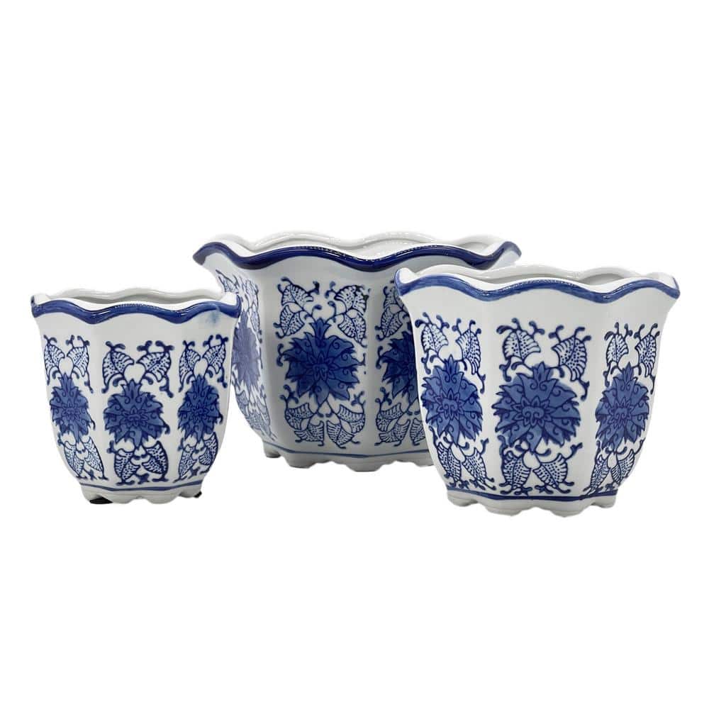 Set of 3 Blue and White Ceramic Floral Planter Pots