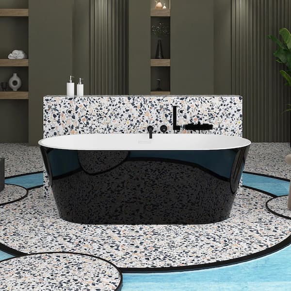 67 in. x 31.1 in. Acrylic Freestanding Soaking Bathtub with Center Drain in Glossy Black/Polished Chrome