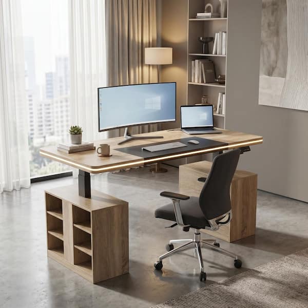 FUFU&GAGA 63 in. Rectangular Natural Wood 0-Drawer Desk with