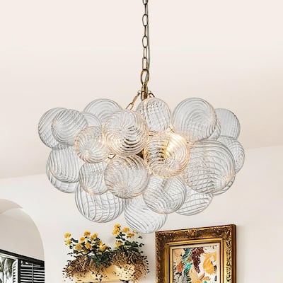 Neuvy 3-Light 23.6 in. W Brass Chandelier with Swirled-Glass Orb Cluster Bubble Ribbed Glass Chandelier for Living Room